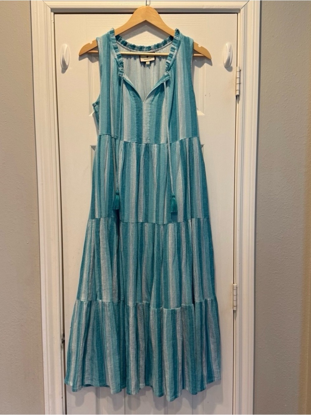 Tuckernuck Beach Aquamarine Stripe Salty Paloma Caftan Maxi Dress Women Sz Small